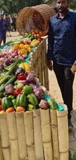 Colorful vegetables on bamboo stand in market scene.