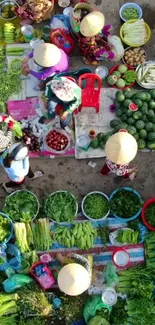 Overhead view of a vibrant market with fresh vegetables.