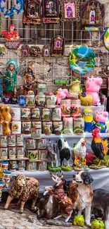 Colorful market stall with crafts and pottery on display.
