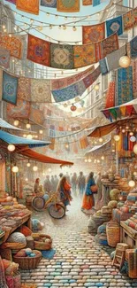Vibrant market scene with fabrics and bustling activity.