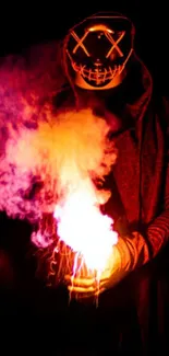 A person in a glowing neon mask with colorful smoke on a dark background.