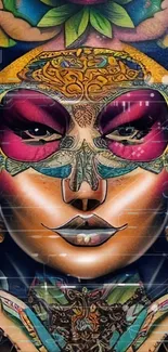 Colorful mask art wallpaper with intricate patterns and vivid shades.