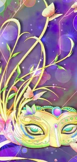 Vibrant fantasy mask with butterflies on mobile wallpaper.