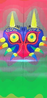 Colorful mask on wood texture wallpaper.