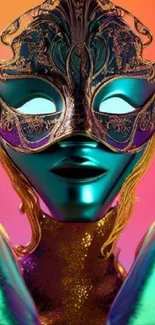 Vibrant wallpaper featuring a surreal masked figure with neon colors.