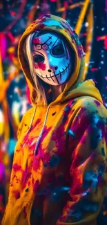 Masked figure in colorful graffiti-style hoodie.