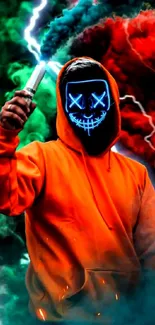 Mystery figure with neon mask in vibrant hoodie background.