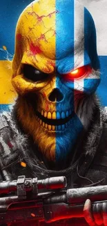 Vibrant skull masked warrior with bold colors on a mobile wallpaper.