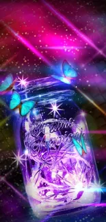 Glowing mason jar with neon butterflies and a colorful cosmic background.