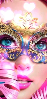 Vibrant pink masquerade mask wallpaper with artistic gold detailing.