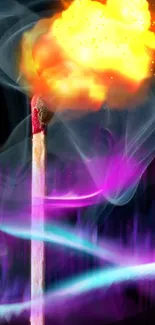 Vivid matchstick with fiery orange flame and colorful smoke wallpaper.