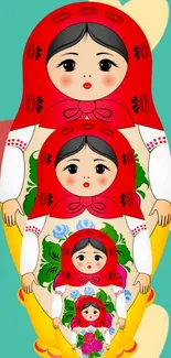 Colorful Matryoshka doll wallpaper with vibrant reds and intricate design.