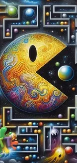 Colorful cosmic maze with abstract arcade design.