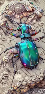 A vibrant teal mechanical beetle on intricate steampunk design.