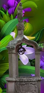 Stone statue with vibrant flowers in background.