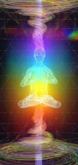 Colorful meditation aura with rainbow light and serene figure.