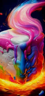 Vibrant abstract art of a melting cube with fiery colors.