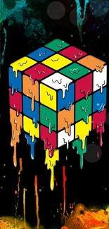 Colorful melting cube dripping on black background.