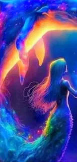 Colorful mermaid and dolphin in cosmic underwater art.