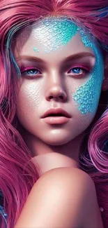 Mermaid-inspired digital art wallpaper with vibrant pink and blue hues.