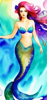 Vibrant mermaid artwork with colorful oceanic background.