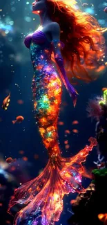 Vibrant mermaid art with glowing colors and underwater scene in navy blue.