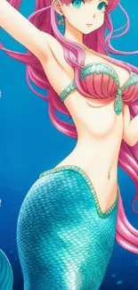 Anime mermaid with pink hair and turquoise tail on a vibrant ocean background.