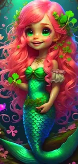 Fantasy mermaid with pink hair and teal fin amidst vibrant greenery.