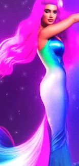 Vibrant mermaid with neon colors in fantasy digital art.