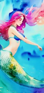 Colorful mermaid fantasy art wallpaper with vibrant aqua and pink hues.