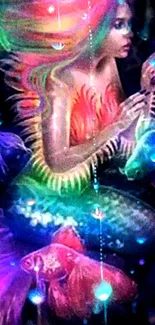 Vibrant mermaid fantasy art with glowing fish.