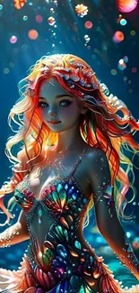 Fantasy mermaid in vibrant colors under water.
