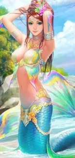 Vibrant mermaid artwork with colorful tail and beach background.