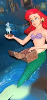 Colorful cartoon mermaid with treasure in ocean setting.