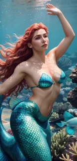 Vibrant mermaid with red hair among colorful coral reefs in an underwater scene.