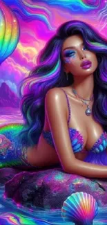 Colorful mermaid fantasy wallpaper with vibrant purple hues.