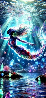 Ethereal mermaid with crystals underwater, vibrant fantasy scene.