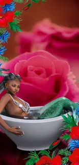 Mermaid in bathtub with vibrant floral surround.