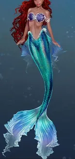 A vibrant mermaid with red hair and shimmering tail against a dark blue background.