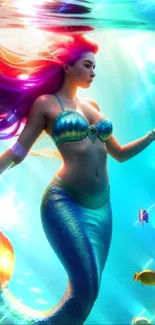 Vibrant mermaid swimming in colorful ocean scene.