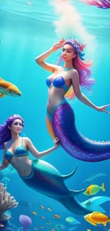 Two mermaids swimming in a vibrant ocean scene with colorful fish and corals.