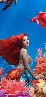 Colorful mermaid with red hair in a vibrant underwater scene.