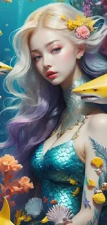 Mermaid surrounded by sharks in a colorful ocean scene.