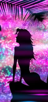 Silhouette of a mermaid in a cosmic, colorful background with tropical leaves.