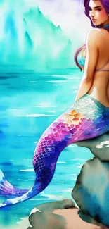 Watercolor mermaid sitting by the sea, vibrant and colorful.