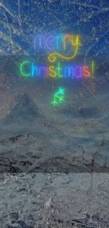 Neon Merry Christmas text on snowy background.