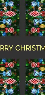 Colorful Christmas wallpaper with vibrant ornaments and Merry Christmas text.