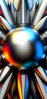 Vibrant metallic abstract art with geometric design in blue, red, and silver hues.