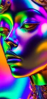 Colorful metallic abstract face art in vibrant digital style.