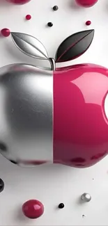 Bold pink and silver metallic apple design wallpaper.
